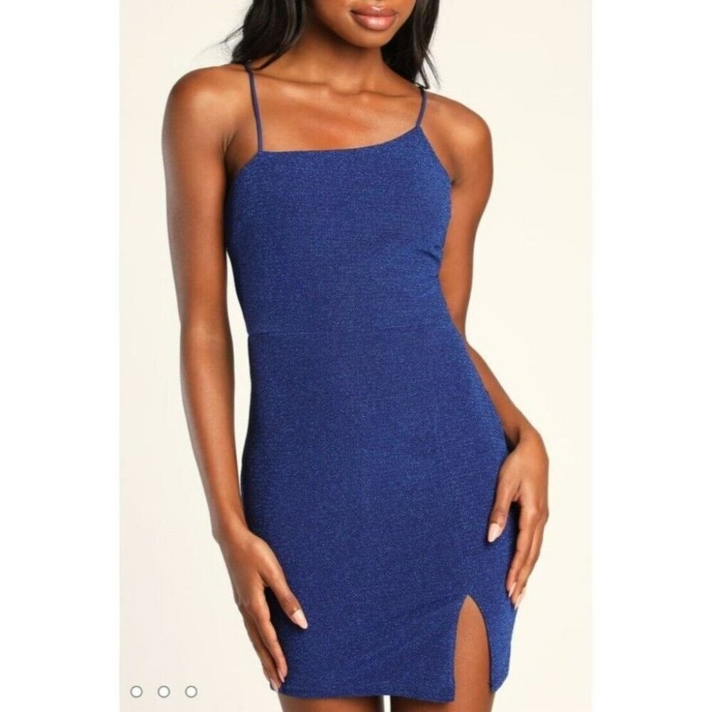 Lulus Take Me Anywhere Sparkly Asymetrical Bodycon Blue